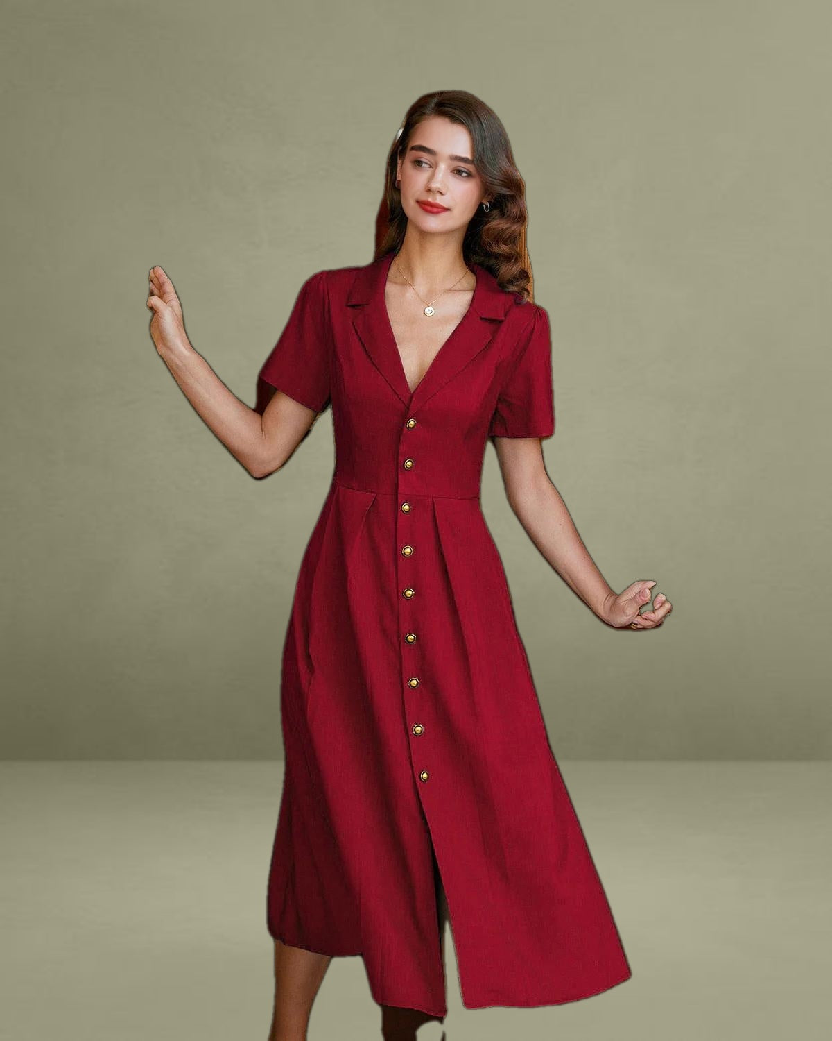 Red A-Line Pleated Button Midi Dress
