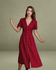Red A-Line Pleated Button Midi Dress