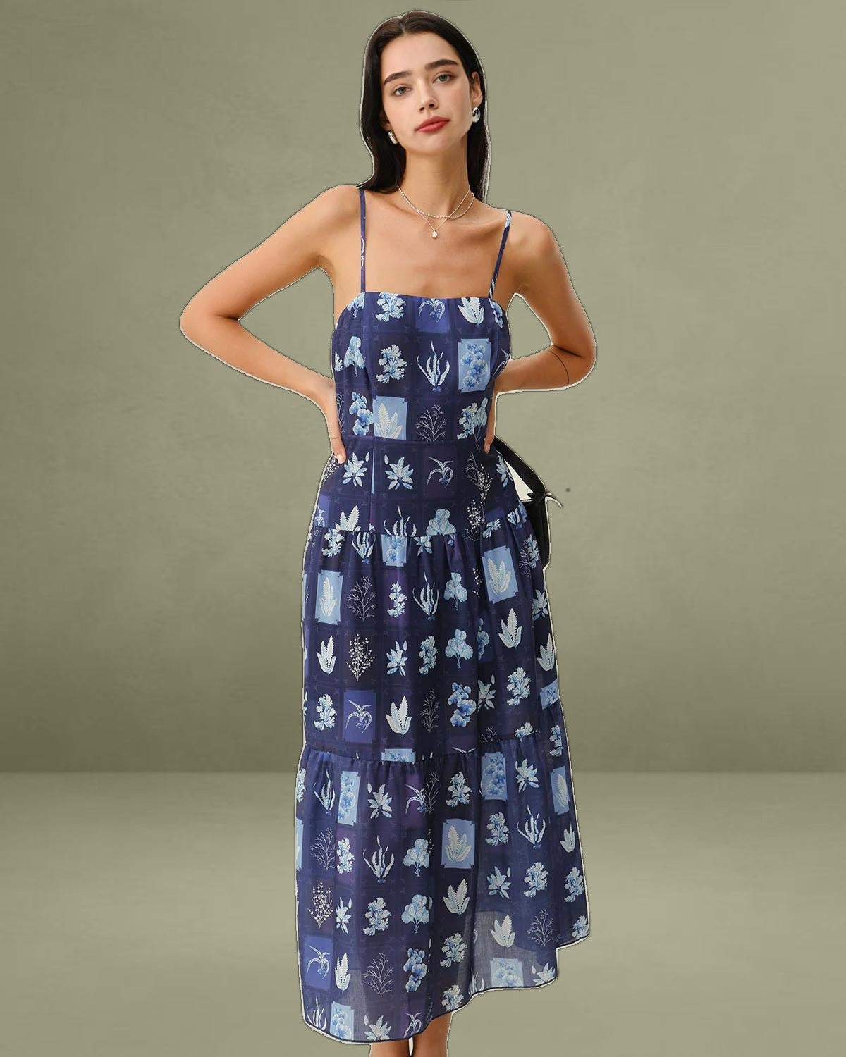 Blue Floral Ruched Bohemian Slip Maxi Dress