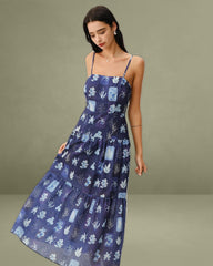 Blue Floral Ruched Bohemian Slip Maxi Dress