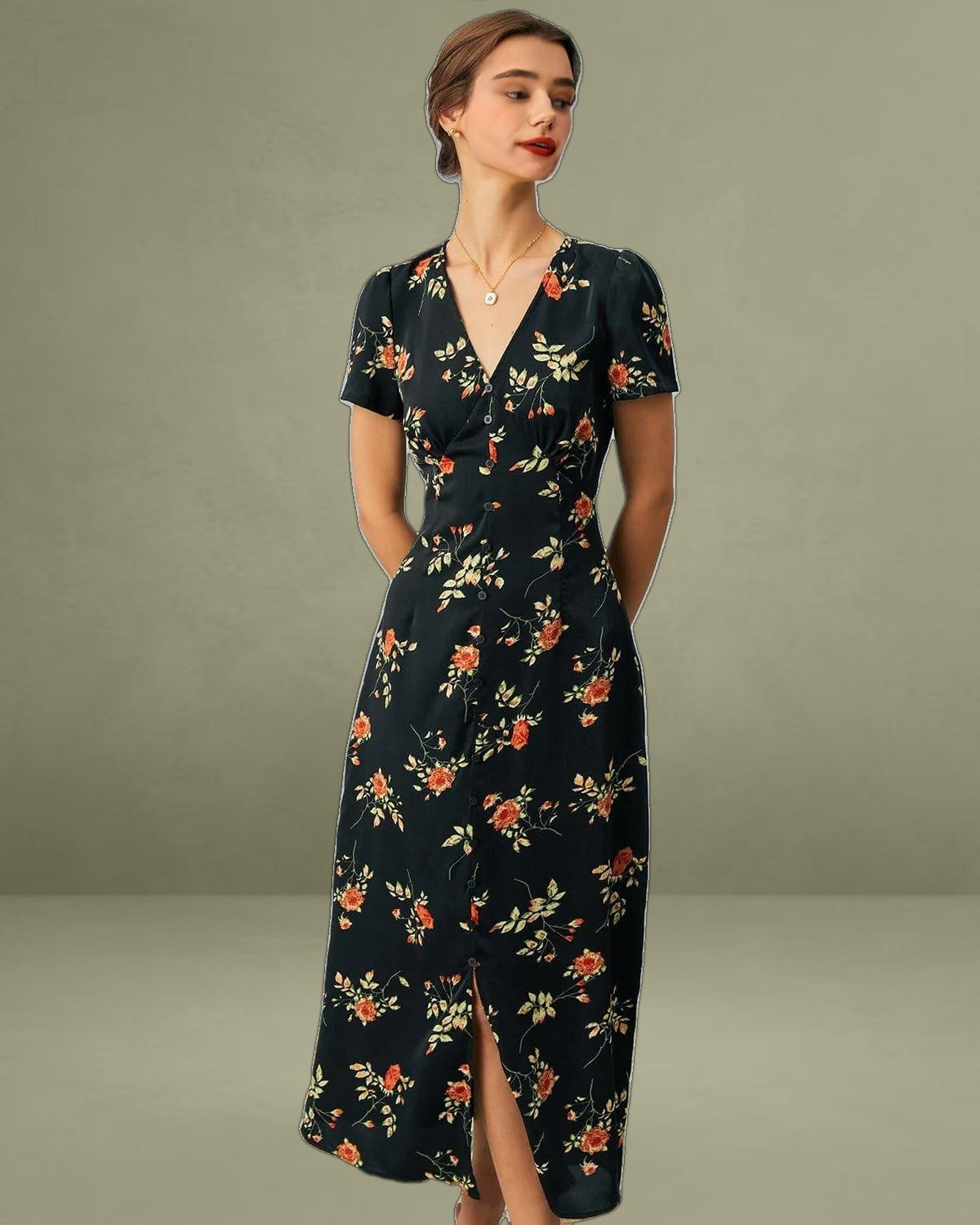 Black V-Neck Floral Short-Sleeve Maxi Dress