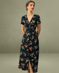 Black V-Neck Floral Short-Sleeve Maxi Dress