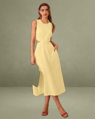 Yellow Round Neck Cut-Out Midi Dress