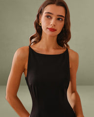 Black Contrasting Boat Neck A-Line Maxi Dress