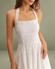 White Embroidery Halter Midi Dress