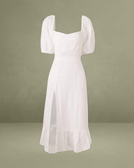 Puff Sleeve Split Hem Midi Dress