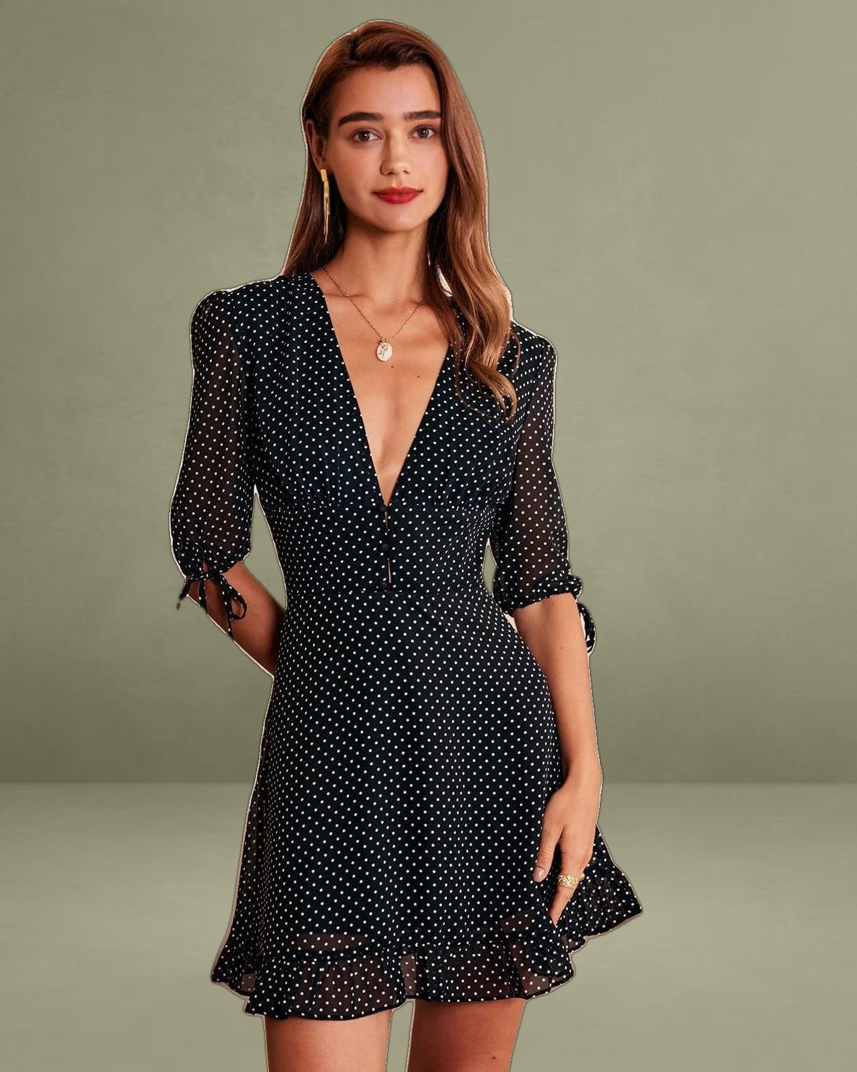 The Black Deep V Neck Polka Dot Mini Dress