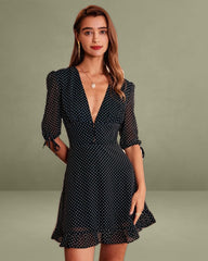 The Black Deep V Neck Polka Dot Mini Dress