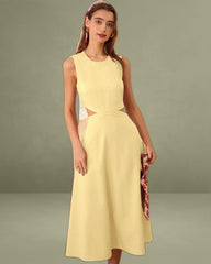 Yellow Round Neck Cut-Out Midi Dress
