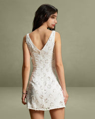 White Textured Boat Neck Sleeveless Mini Dress