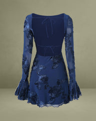 Blue Jacquard Bell Sleeve Backless Mini Dress