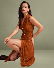 Brown Polka Dot Sleeveless Midi Dress