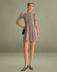 Coffee Plaid Puffed Sleeve Mini Dress