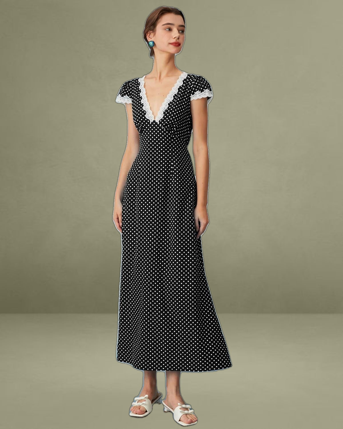 Black Polka Dot Lace Trim Maxi Dress