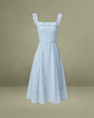 Blue Square Neck Ruffle Midi Dress