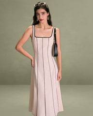 The Khaki Square Neck Contrast Midi Dress