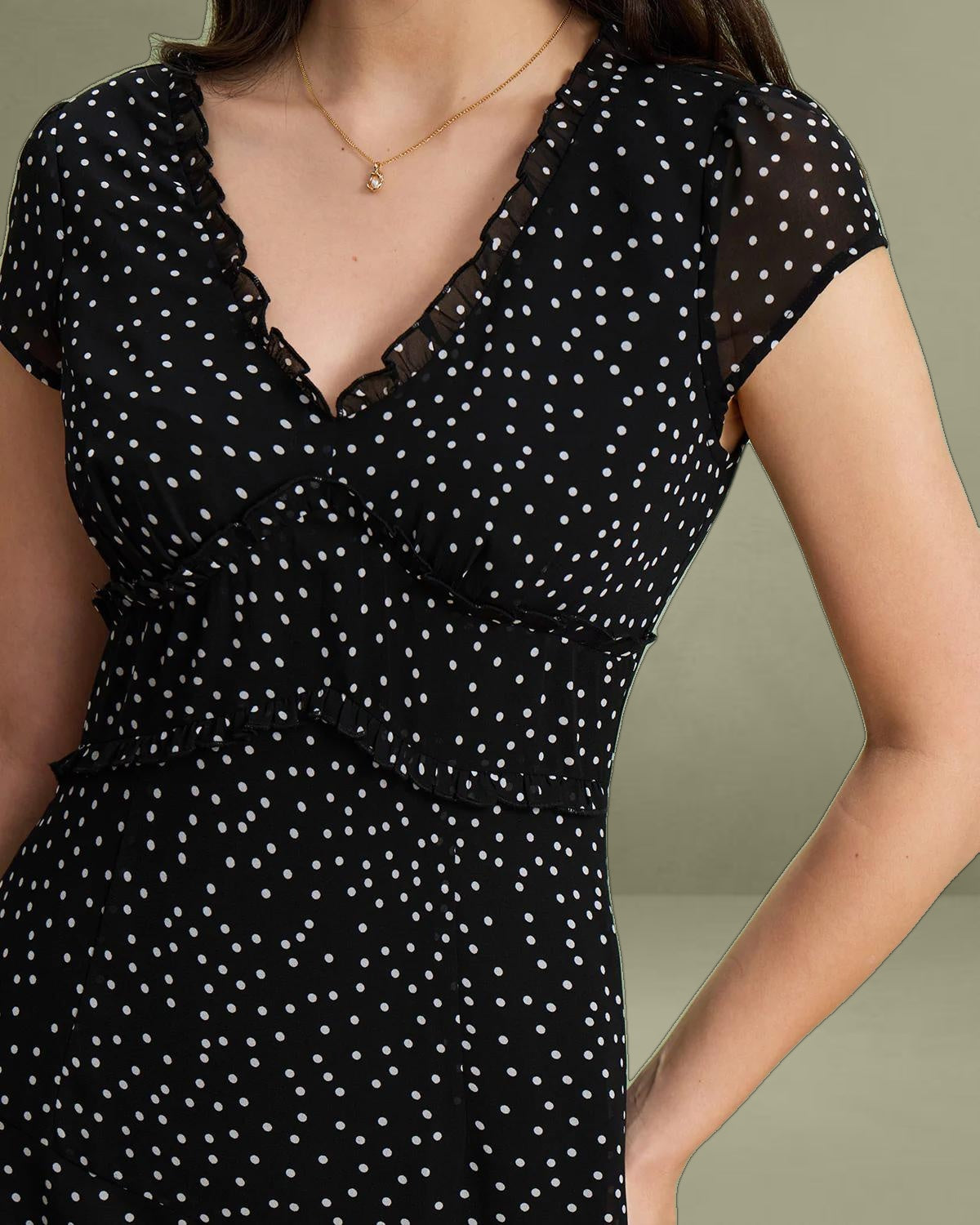 Black V Neck Polka Dot Midi Dress