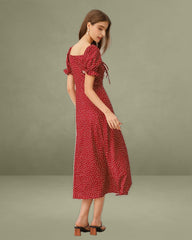 Red Polka Dot A-Line Square Neck Midi Dress