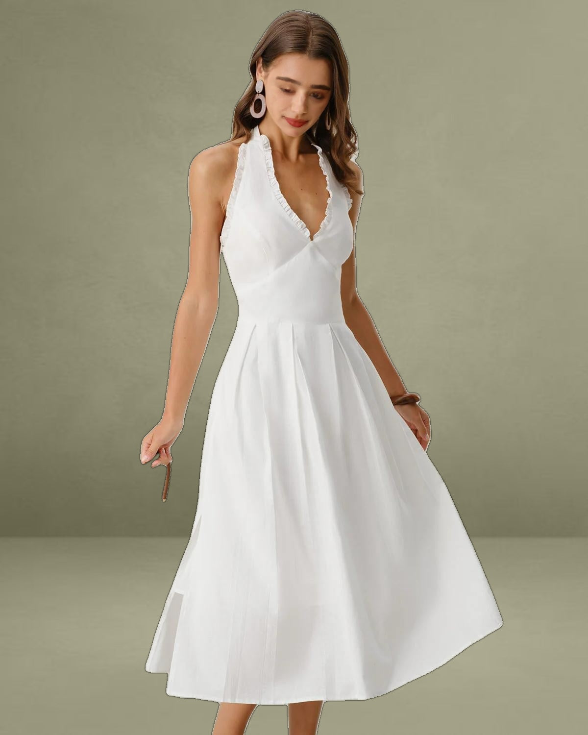 White V Neck Halter Sleeveless Midi Dress
