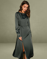 Green Satin Cowl Neck Slit Midi Dress