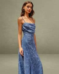 Blue Jacquard Ruched Maxi Slip Dress
