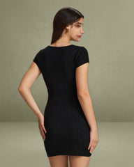 Black Round Neck Ribbed Mini Dress
