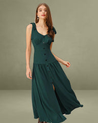 Green Ruched A-Line Sleeveless Maxi Dress