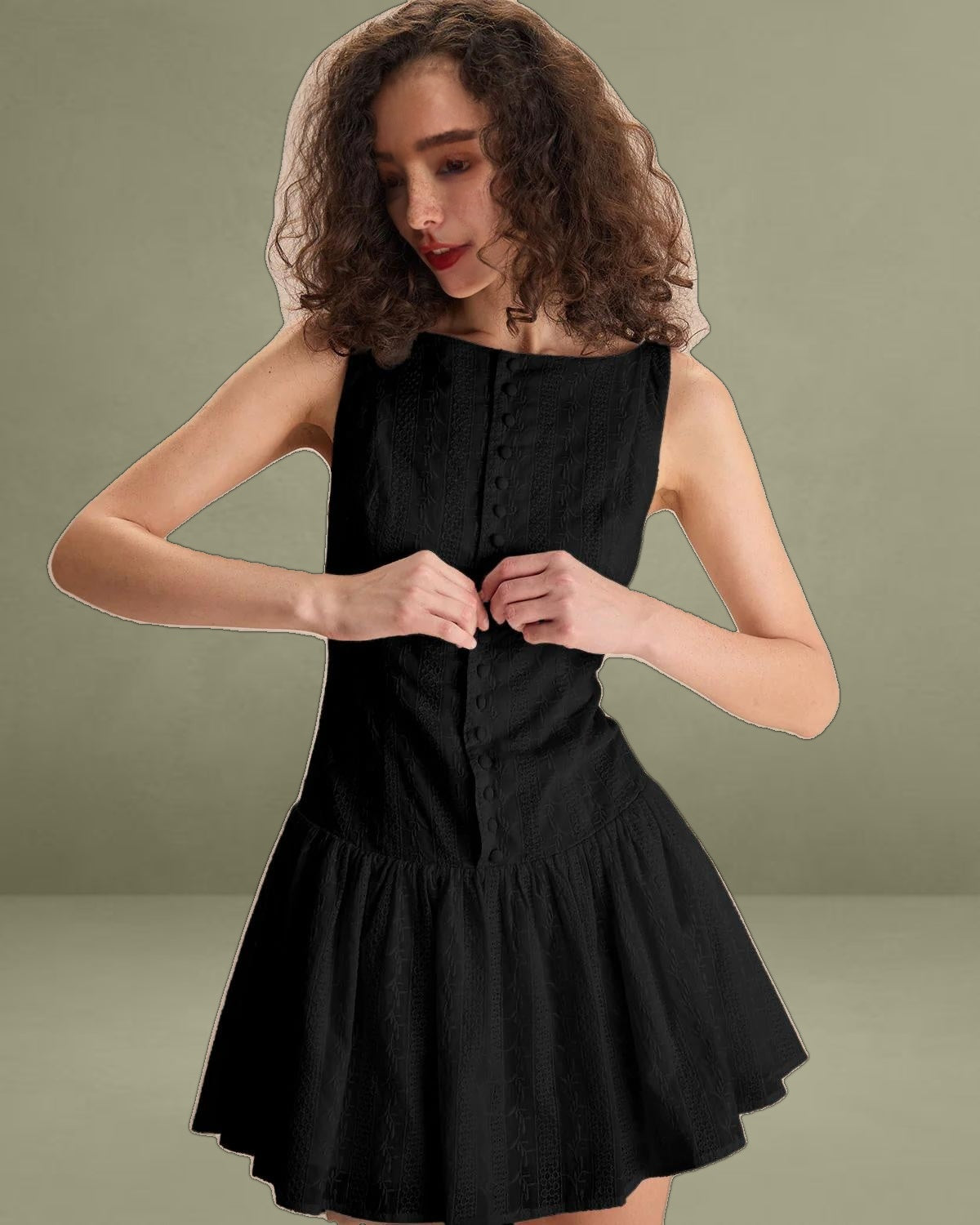 Women's Black Boat Neck Jacquard Cotton Mini Dress