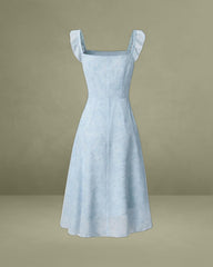 Blue Square Neck Ruffle Midi Dress