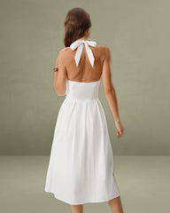 White V Neck Halter Sleeveless Midi Dress
