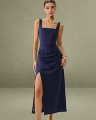 Navy Ruched Slit Slip Maxi Dress