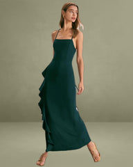 The Green Ruffle Cross Back Strap Maxi Dress