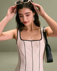 The Khaki Square Neck Contrast Midi Dress