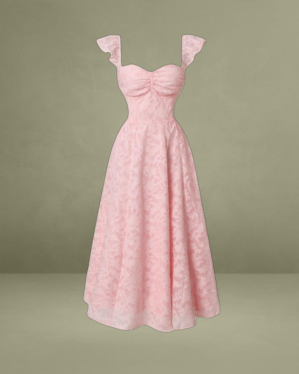 Pink Jacquard Ruched Square Neck Midi Dress