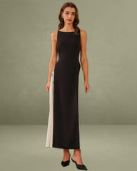 Black Contrasting Boat Neck A-Line Maxi Dress