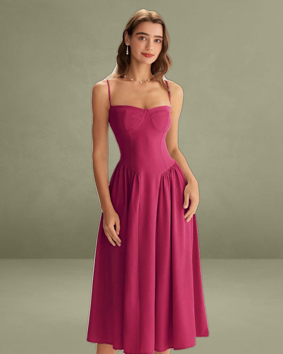 Wine Red Square Neck Pocket Slip Midi Dress