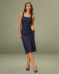 Navy Square Neck Slit Sleeveless Midi Dress