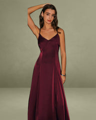Wine Red Satin A-Line Slip Maxi Dress