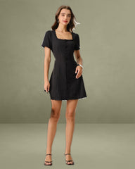 Black Square Neck Button Mini Dress