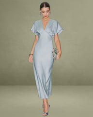 Blue Satin Cowl Sleeve Midi Dress