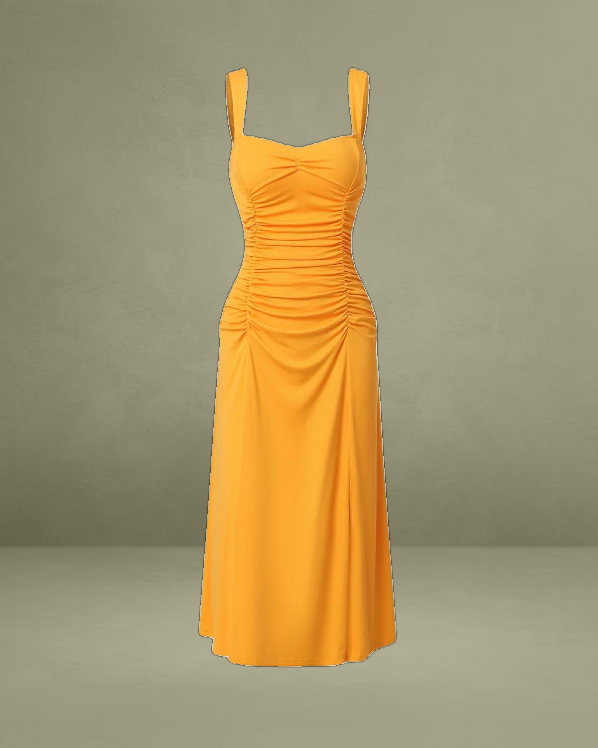 Orange Ruched Knitted Slip Midi Dress