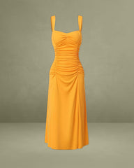 Orange Ruched Knitted Slip Midi Dress