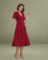 Red A-Line Pleated Button Midi Dress