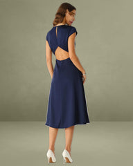 Navy Satin Cut Out Slit Midi Dress