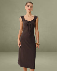 Brown Boat Neck Cap Sleeve Midi Dress