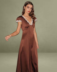 Brown Satin V Neck Lace Maxi Dress