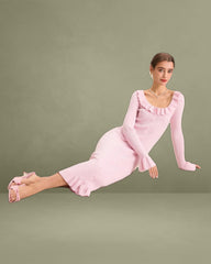 Women's Pink U-Neck Ruffle Bodycon Sweater Dress