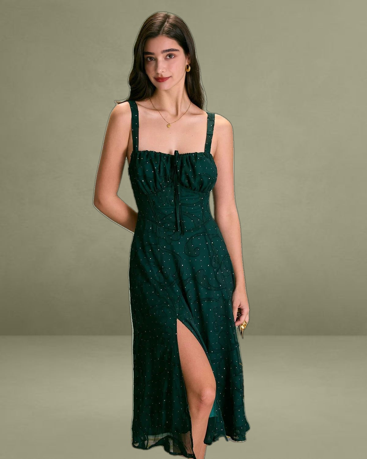 The Green Square Neck Jacquard Slit Midi Dress