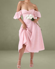 Pink Jacquard Ruched Square Neck Midi Dress