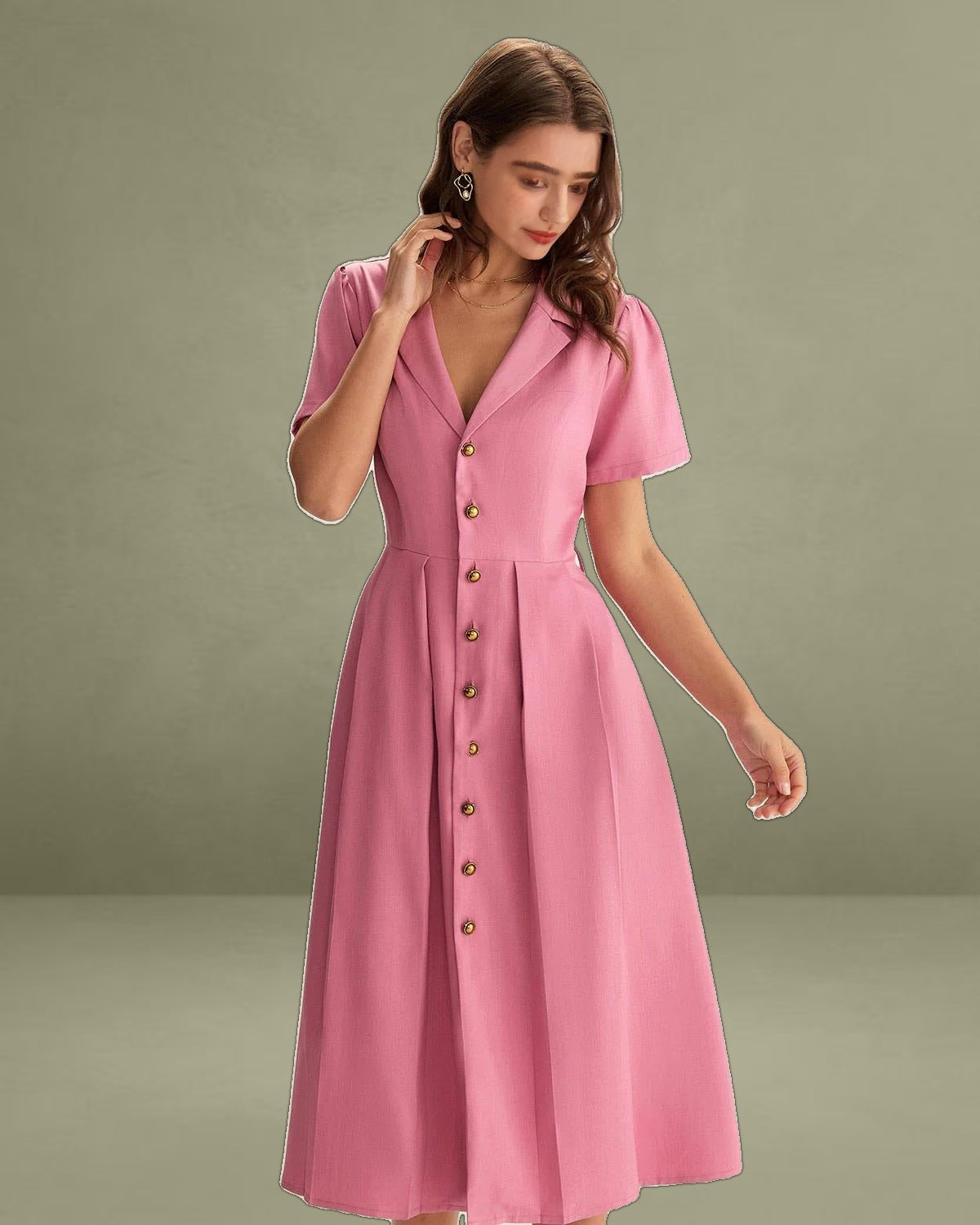 Rose Red V-Neck Button Midi Dress